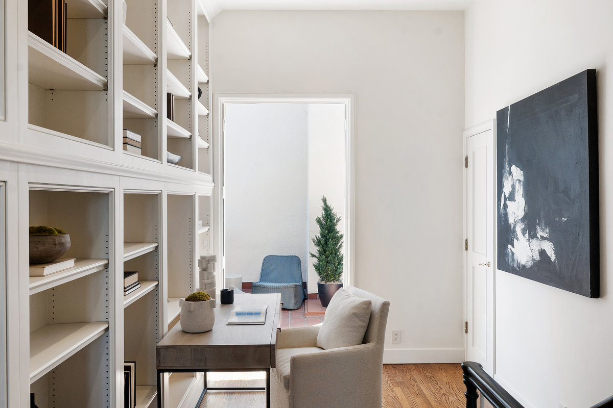 Upper level office/library area with adjoining terrace
